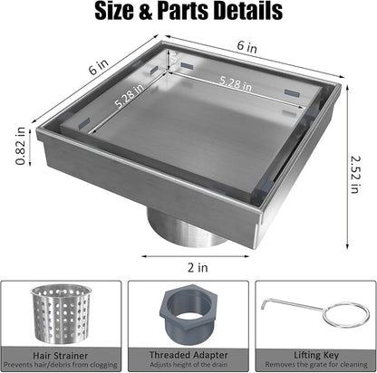 Tile-in Square Shower Drain 6 Inch with Hair Strainer, Brushed | SUS 304 Stainless Steel, Removable Grate & Hair Strainer Design, for Bathroom, Kitchen, Balcony, Garage, Basement, Toilet