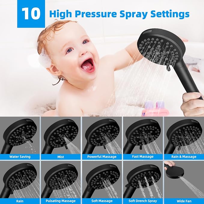Hibbent 10" Dual Filtered Shower Head Combo, 10-spray Handheld, Black | All Metal High Pressure Rainfall Shower Head Combo with Filter, 16" Extension Arm, 3-way Diverter, 71" Hose & Shower Holder