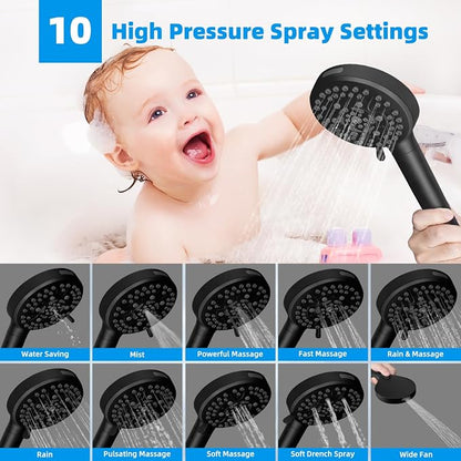Hibbent 10" Dual Filtered Shower Head Combo, 10-spray Handheld, Black | All Metal High Pressure Rainfall Shower Head Combo with Filter, 16" Extension Arm, 3-way Diverter, 71" Hose & Shower Holder