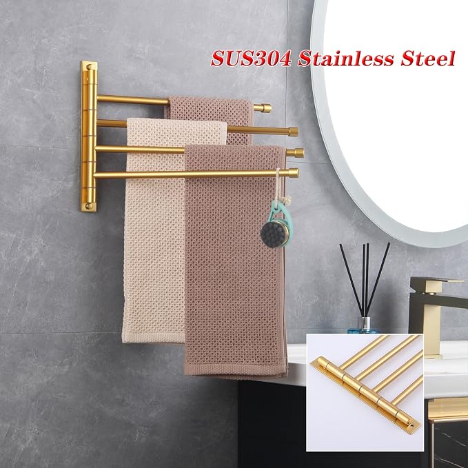 GERZWY Wall Mount Bath Towel Rack with 4 Arms Hanger Towel Holder Bathroom Swing Arm Towel Bars Organizer Stainless Steel Gold Finished HYG04-BE