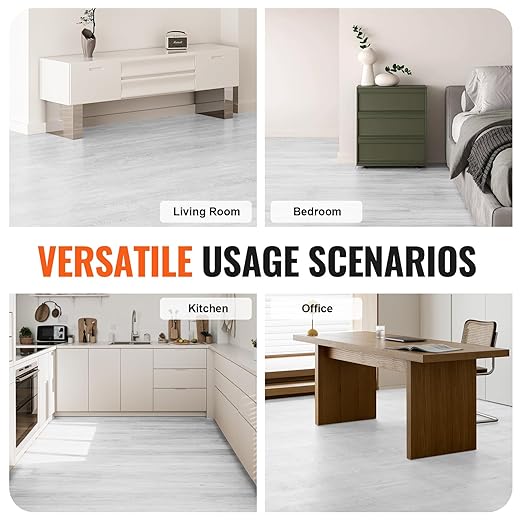 VEVOR Self Adhesive Vinyl Floor Tiles 36 x 6 inch, 36 Tiles 2.5mm Thick Peel and Stick Floor Tile Light Gray Wood Grain DIY Flooring for Kitchen, Dining Room, Bedrooms & Bathrooms(54 Sq.Ft)