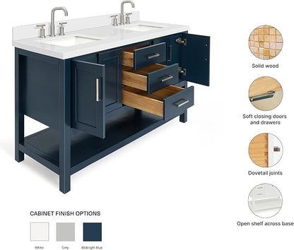 ARIEL Magnolia 60-inch Bathroom Vanity with Sink,Solid Wood, 1.5-inch Pure White Quartz Countertop, Double Rectangular Porcelain Sink, 4 Soft Closing Doors, 3 Dovetail Drawers, Midnight Blue