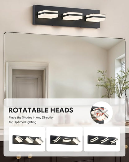 VONLUCE LED Modern Bathroom Vanity Light Fixture, Matte Black | 18'', 3-Light, 3CCT, 360° Rotate, High CRI, Flicker-free, Dimmable, Memory Function, Waterproof IP44, Easy Installation