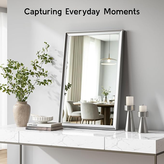 Brushed Nickel Bathroom Mirrors for Over Sink 24x36 Inch | Silver Rectangle Vanity Mirror, Wall Decor for Bedroom, Entryway, Living Room, Aluminum Framed, Curved Wide Edge, Anti-Rust