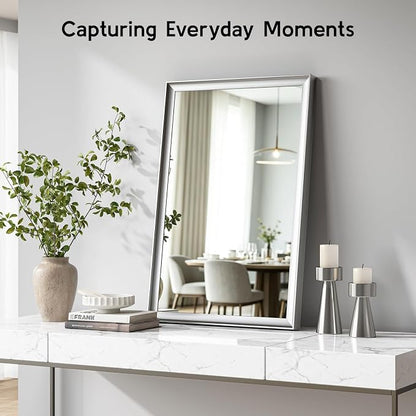 Brushed Nickel Bathroom Mirrors for Over Sink 24x36 Inch | Silver Rectangle Vanity Mirror, Wall Decor for Bedroom, Entryway, Living Room, Aluminum Framed, Curved Wide Edge, Anti-Rust