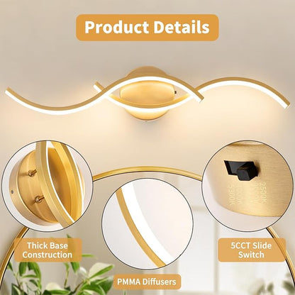 Gold Curved 5CCT Bathroom Vanity Light Fixture Over Mirror, 23.62 inch Modern LED Wall Lamp Dimmable Bathroom Light Fixture Modern Wall Sconces