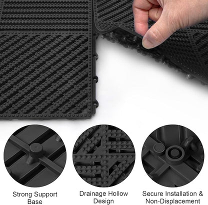 Modular Interlocking Cushion 12 Pack 11.8" x 11.8" Rubber Floor Tiles Non-Slip Splicing Drainage Mats for Deck, Pool, Shower, Patio, Balcony, Bathroom, Kitchen, Yard (2 Rows Dots, Black)