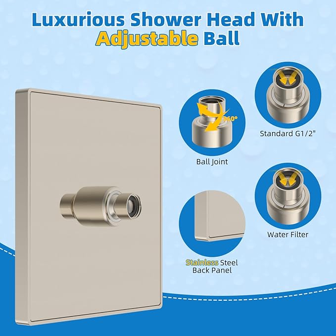 Hibbent cUPC Certified Thickness Metal 8'' Rain Shower Head, Brushed Nickel | High Pressure Shower Head, Bathroom Waterfall Shower Heads, High Flow Fixed Showerheads with Adjustable Brass Ball Joint