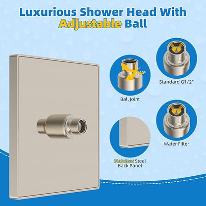 Hibbent cUPC Certified Thickness Metal 8'' Rain Shower Head, Brushed Nickel | High Pressure Shower Head, Bathroom Waterfall Shower Heads, High Flow Fixed Showerheads with Adjustable Brass Ball Joint
