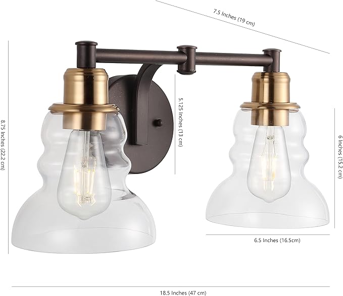 JONATHAN Y 18.5" Brass Gold/Oil Rubbed Bronze Modern Industrial Rustic 2-Light LED Vanity Light with Clear Glass Shade, Vintage Wall Sconce for Bathroom Kitchen Hallway, LED Bulb Included (JYL3545A)