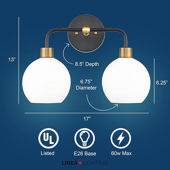 Lukasa Modern Bathroom Vanity Lights Fixtures 2-Lights Over Mirror Lighting Matte Black and Gold Vanity Lights for Bathroom Light Fixtures Frosted Glass Covers, UL Listed