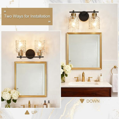 2 Light Black and Brass Vanity Light with Hammered Glass over Mirror Makeup | 13.7" Black and Gold Farmhouse Bathroom Light Fixtures, Vanity Lighting Fixtures, Rustic Vanity Lights for Bathroom Lights