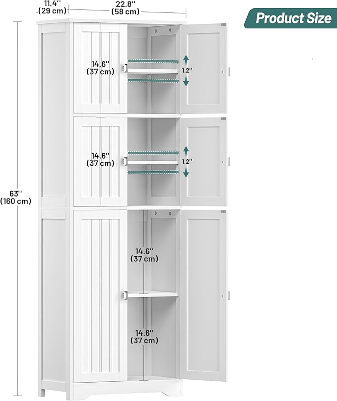 63" H Tall Bathroom Storage Cabinet, Linen Floor Cabinet with 6 Doors and Adjustable Shelves, Pantry Storage Cabinet for Bathroom, Living Room, Laundry Room, Kitchen, White