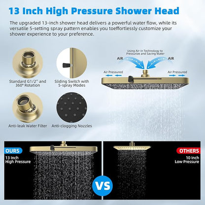 Hibbent 13'' 5-spray Rain Shower Head, 10-Spray Handheld, Brushed Gold | cUPC Certified High Pressure Dual Showerhead Combo, Upgraded Rainfall Shower Head, 12'' Extension Arm, 71'' Hose & Holder