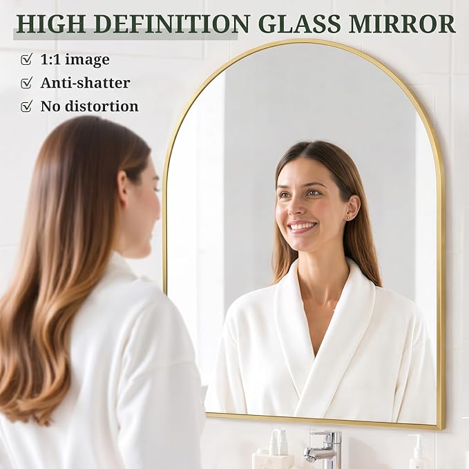 Arched Wall Mirror 40x30 Inch Gold Bathroom Vanity Mirror with Metal Frame | Modern Arch Mirror for Bedroom, Living Room, Entryway, Wall Mounted Decorative Mirror