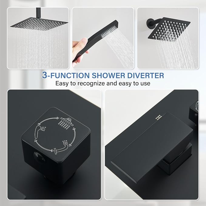 Shower Faucet Matte Black Shower System with 12" Celing+6" Wall Dual Rain Shower Head with Handheld Spray,Bathroom Luxury Brass Shower Valve with Shower Diverter Kit Shower Faucet Set Complete