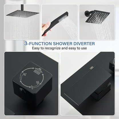 Shower Faucet Matte Black Shower System with 12" Celing+6" Wall Dual Rain Shower Head with Handheld Spray,Bathroom Luxury Brass Shower Valve with Shower Diverter Kit Shower Faucet Set Complete