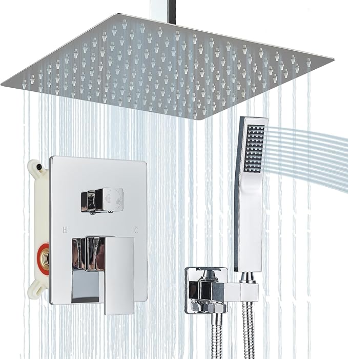 Shower Faucet Set Chrome Rain Shower System with High Pressure 10 Inches Rain Shower Head and Handheld Spray Bathroom Luxury Rain Mixer Shower Complete Combo Set Ceiling Mounted