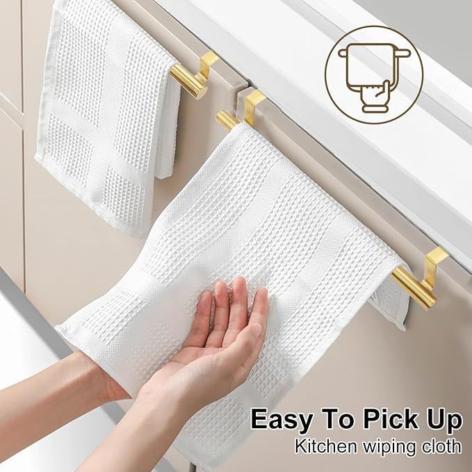 RETON 3 PCS Over Door Towel Rack, 9 Inch Stainless Steel Cabinet Towel Hanger Towel Bar Holders, Kitchen Towel Holder with Anti-Slip Pads, No Drilling (Gold)