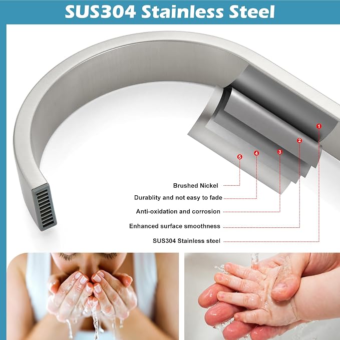 Midanya 8 Inch Widespread Bathroom Sink Faucet 3 Hole,Brushed Nickel | Waterfall Swivel Spout,2 Handle,SUS304,with Pop Up Drain,cUPC 24" Water Hose,for 6-16” hole distance vanity,RV,Farmhouse Sink