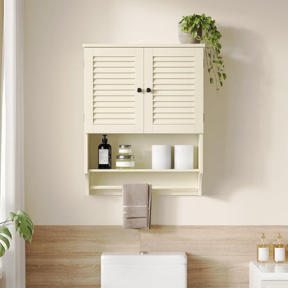 ChooChoo Bathroom Wall Cabinet with Towels Bar, 23.6" L x 8.8" W x 29.5" H MDF Material Medicine Cabinet, 2 Doors Over The Toilet Space Saver Storage Cabinet with Large Space, Cream Yellow