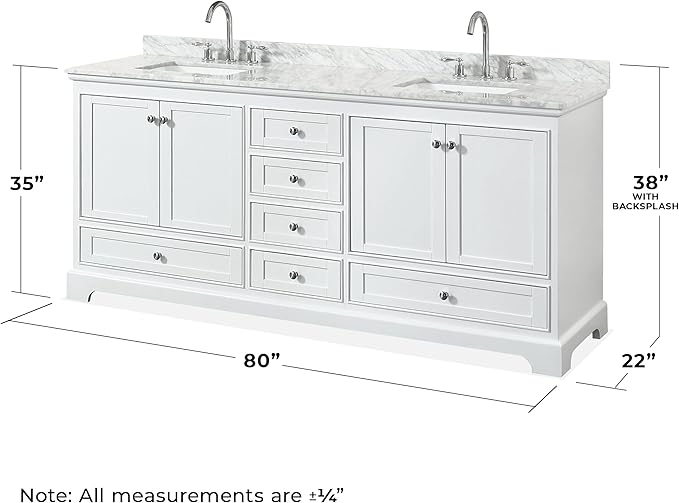 Wyndham Collection Deborah 80 inch Double Bathroom Vanity in White, White Carrara Marble Countertop, Undermount Square Sinks, and No Mirror