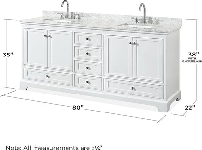 Wyndham Collection Deborah 80 inch Double Bathroom Vanity in White, White Carrara Marble Countertop, Undermount Square Sinks, and No Mirror