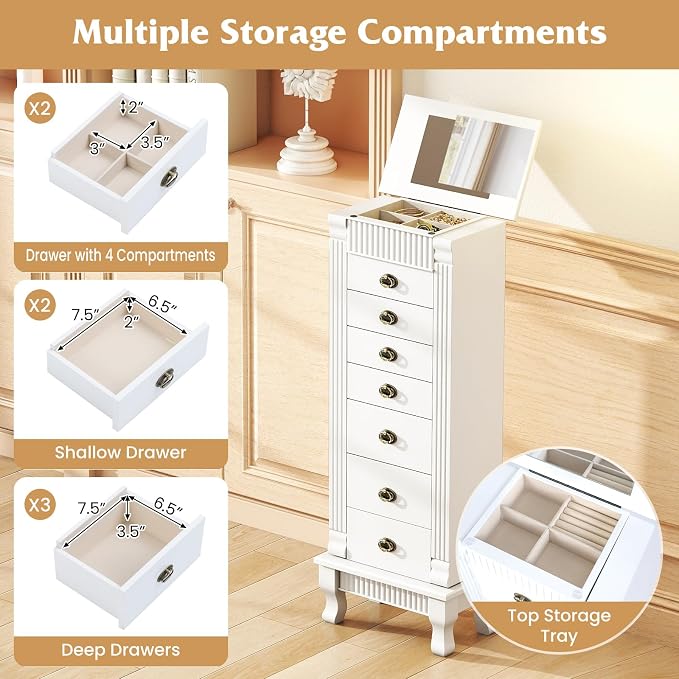 DREAMADE Jewelry Armoire, Standing Jewelry Box w/Mirror & 7 Drawers, White | Flip Top Organizer with 2 Side Doors and Anti-Toppling Device, Large Jewelry Cabinet Storage for Bedroom