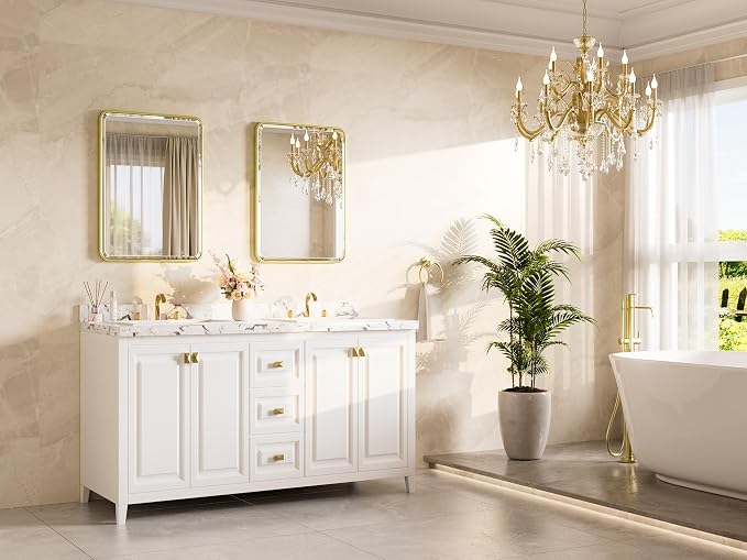 Brushed Gold Mirror for Bathroom 22 x 30 Beveled Edge Tempered Glass, Rounded Corner Rectangle Bathroom Mirror for Over Sink for Modern Bathroom, Living Room, Bedroom, Entryway