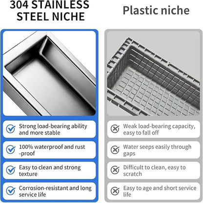 304 Stainless Steel Recessed Shower Niche 24" X 12" No Tile Needed | Waterproof Rustproof Matte Black Bathroom Niche for Shower Double Shelves, for Shower Wall &Bathroom Storage and Space Saving
