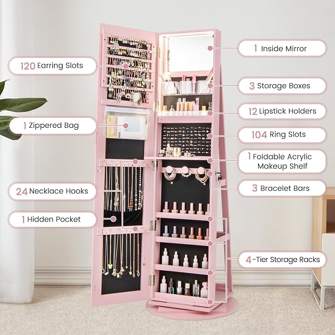MAT EXPERT 360° Rotating Jewelry Armoire, Lockable Freestanding Jewelry Organizer w/Full-length Mirror, 3-Color LED Lights, Rear Storage Shelves, Mirror Jewelry Cabinet for Bedroom (Pink)