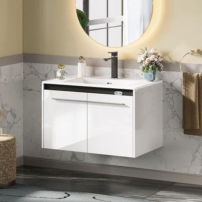 AMERLIFE 31" LED Floating Bathroom Vanity with Single Sink, Modern High Gloss Wall Mounted Bathroom Storage Cabinet with Metal Handles, White