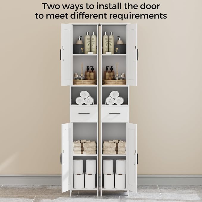 Homhedy 67" H Tall Bathroom Storage Cabinet with Barn Doors and Drawer | Narrow Storage Unit with Adjustable Shelves, Floor Cabinet for Bathroom, Living Room, Entryway or Kitchen, White, 11.8" W