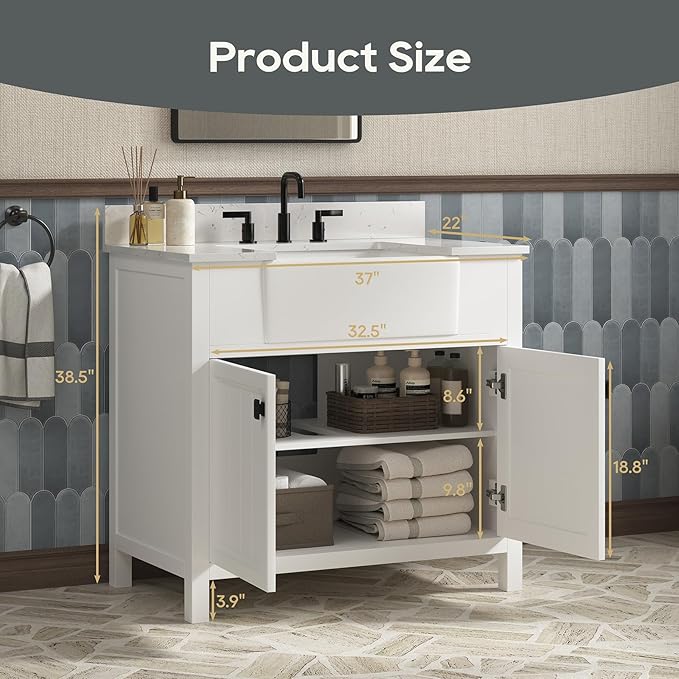 36 Inch Bathroom Vanity with Sink, Farmhouse Bathroom Sink Cabinet with Adjustable Feets, Solid Wooden Frame Single Sink Bathroom Vanity with Soft Closing Doors, Apron Farm Sink, White