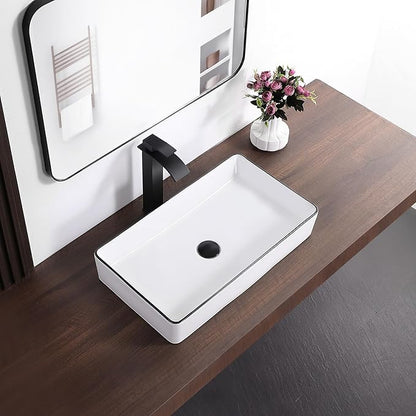 Vessel Sink Rectangle 24"x14" Bathroom Sink Above Counter Porcelain Ceramic White with Black Rim Ceramic Vessel Sinks for Bathrooms