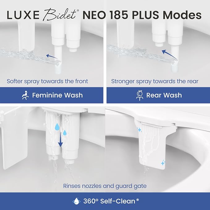 LUXE Bidet NEO 185 PLUS - Patented Bidet Attachment for Toilet, Gold | Non-Electric, Dual Nozzle, Slide-In Install, 360° Self-Clean, EZ-Lift to Clean, Feminine & Rear Wash