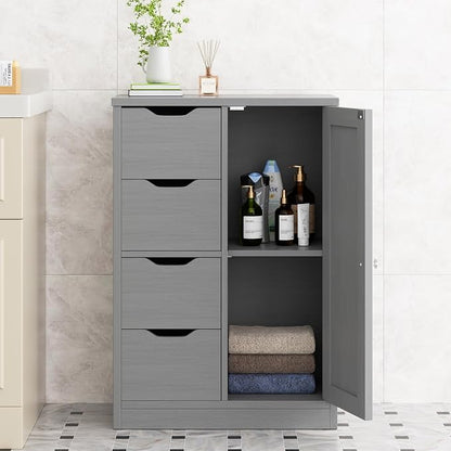 Walsunny Bathroom Floor Storage Cabinet, Wooden Storage Organizer with 4 Drawers and 1 Cupboard, Freestanding Entryway Storage Unit Console Table, Gray