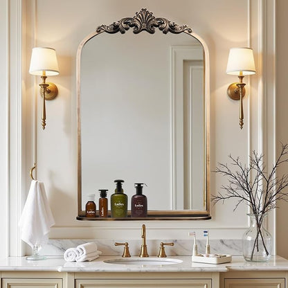 deerlove Traditional Arched Mirror with Shelf, 20.9x31.5 Inch, Antique Gold | Ornate Arched Design, Bronze Frame, Baroque Wall Mirror Shelf, For Bathroom, Bedroom, Entryway, Dining Room, Living Room