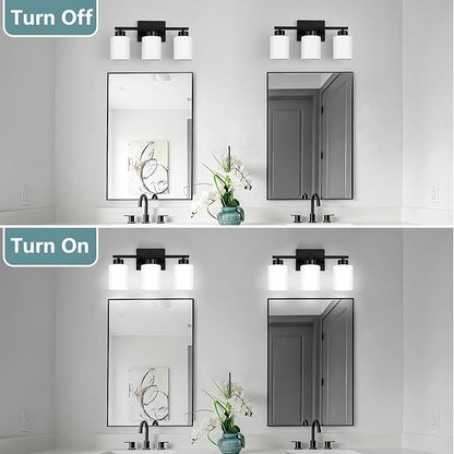 Black Bathroom Light Fixtures, 3-Light Modern Vanity Lights with Milky White Frosted Glass Shades, Wall Sconces for Mirror, Bathroom, Restroom (E26 Socket)