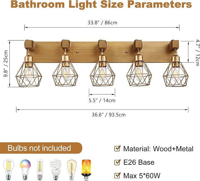 maesta 5 Light Bathroom Vanity Light, Farmhouse Gold Fixture Over Mirror | Farmhouse Bathroom Light Fixtures, Wood & Metal, Anti-Rust, Easy to Install for Rustic Bathroom Hallway