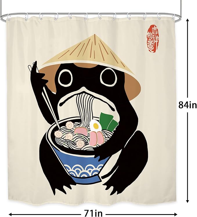 LGhtyro Extra Long Funny Frog Shower Curtain Bathroom Set 71Wx84H Inches Retro Cute Animal Asian Traditional Noodles Strawhat Vintage Bath Accessories Japanese Art Home Decor Fabric 12 Pack Hooks