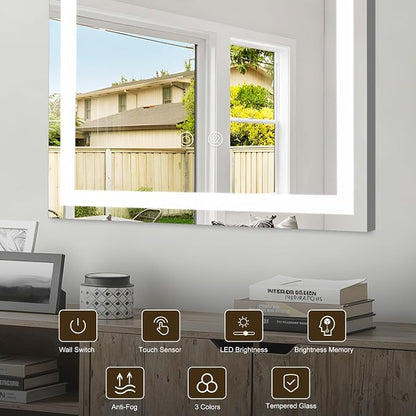 28"X28" Square LED Bathroom Mirror with Lights | Lighted Bathroom Vanity Mirror for Wall, Anti-Fog, Dimmable, 3 Color Temperature, HD Tempered Glass(Vertical Only)