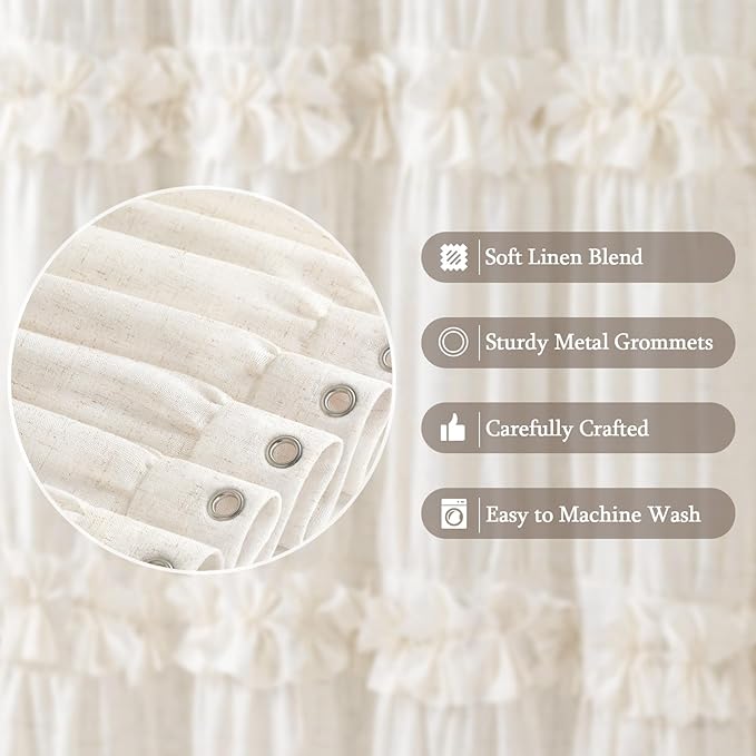 Ruffle Farmhouse Linen Shower Curtain with Vintage Bow Cream 72" W x 90" H | Linen Blend Fabric, Ruffle Bow and Ruffled Hem，Linen Texture，Machine Washable，12 Metal Holes and Plastic Hooks
