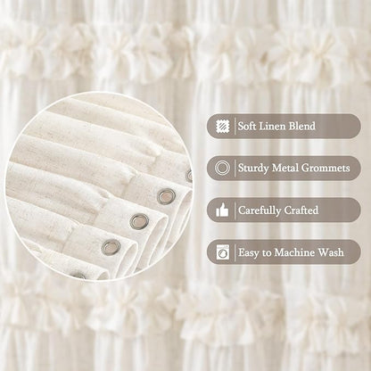 Ruffle Farmhouse Linen Shower Curtain with Vintage Bow Cream 72" W x 90" H | Linen Blend Fabric, Ruffle Bow and Ruffled Hem，Linen Texture，Machine Washable，12 Metal Holes and Plastic Hooks