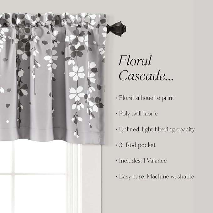 Lush Decor Weeping Flower Light Filtering Valance, 52" W x 18" L + 2" Header, Gray - Floral Curtains - Valance Curtains - Bathroom & Kitchen Valances for Windows - Cottage & Farmhouse Home Decor