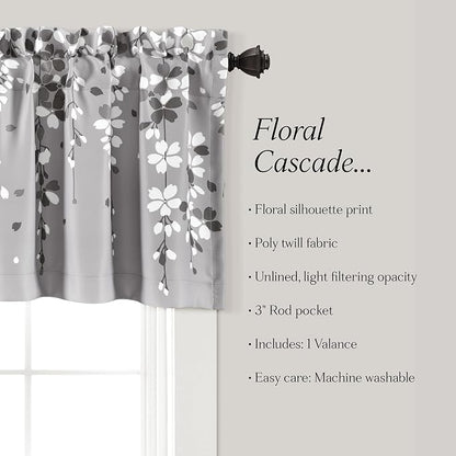 Lush Decor Weeping Flower Light Filtering Valance, 52" W x 18" L + 2" Header, Gray - Floral Curtains - Valance Curtains - Bathroom & Kitchen Valances for Windows - Cottage & Farmhouse Home Decor