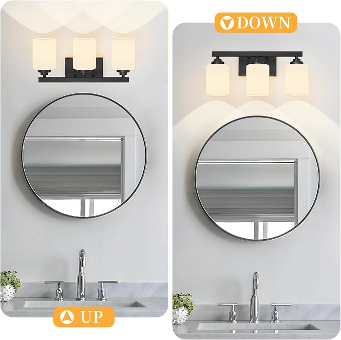 Bathroom Light Fixtures, Vanity Light Over Mirror Black 3-Light Fixture | Modern bathroom vanity light fixture with metal frame, ideal for mirrors, bedrooms and hallways. Fits E26 bulbs.