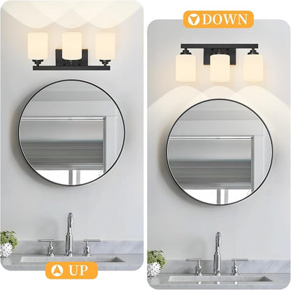 Bathroom Light Fixtures, Vanity Light Over Mirror Black 3-Light Fixture | Modern bathroom vanity light fixture with metal frame, ideal for mirrors, bedrooms and hallways. Fits E26 bulbs.