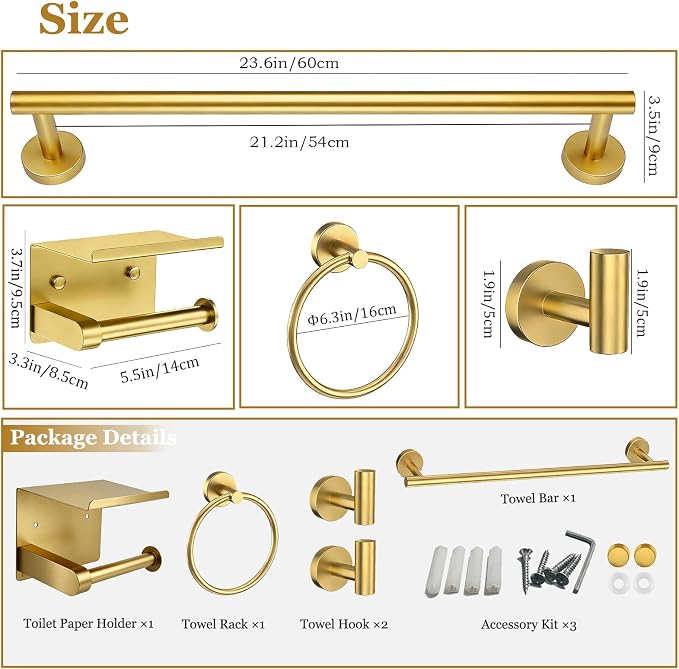 5-Pieces Wall Mount Bathroom Hardware Set,22in Brushed Gold Towel Bar Set | Stainless Steel Waterproof Bathroom Accessories Set, Toilet Paper Holder with Shelf,Towel Ring,Coat Hook,Round