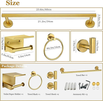5-Pieces Wall Mount Bathroom Hardware Set,22in Brushed Gold Towel Bar Set | Stainless Steel Waterproof Bathroom Accessories Set, Toilet Paper Holder with Shelf,Towel Ring,Coat Hook,Round